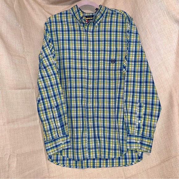 👔 Men's CHAPS Blue Yellow & White Plaid Button Long Sleeve Shirt size Large - Picture 1 of 5
